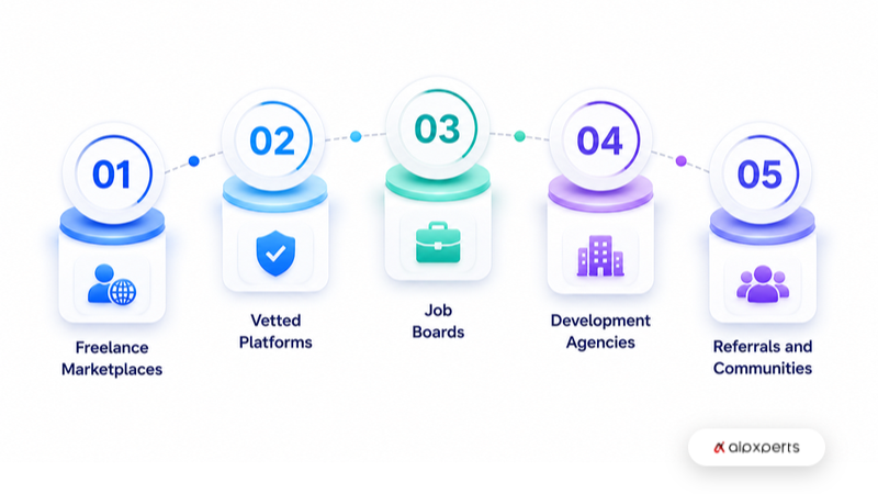 Five channels for finding Angular developers: freelance marketplaces, vetted platforms, job boards, agencies and referrals